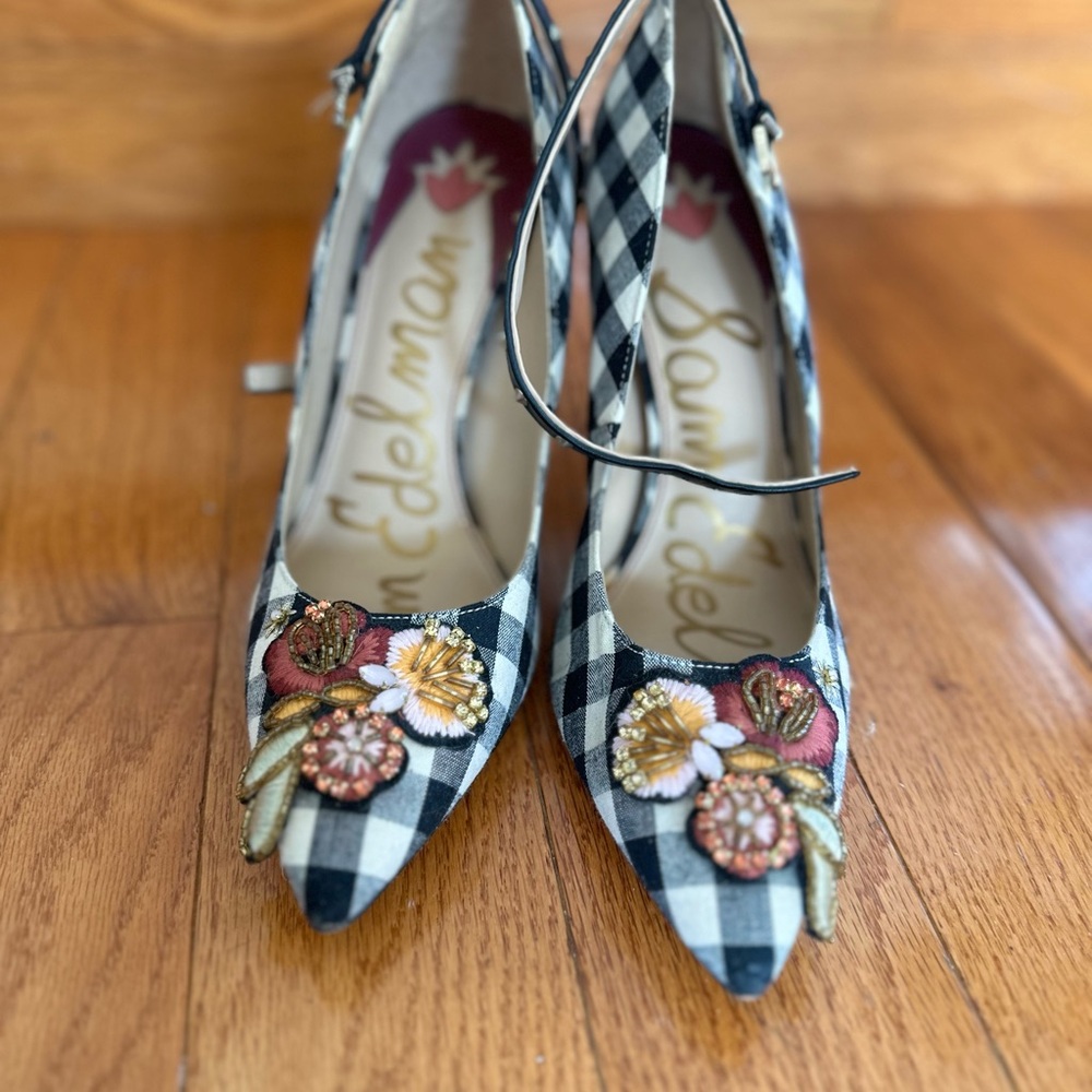 Sam Edelman Black and White Checkered Heels with Floral Embroidery
